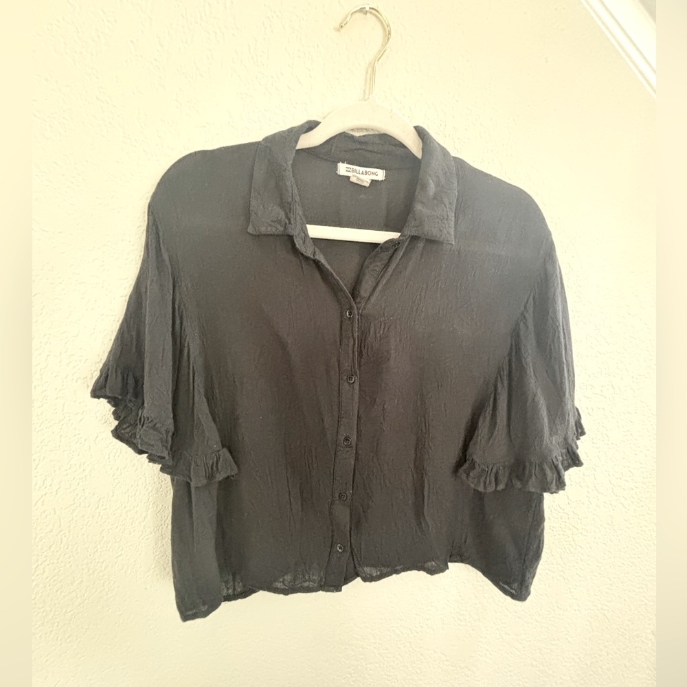 Billabong Black Short Ruffle Sleeve Button-Down Top